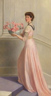Collier John Porträt einer Dame in Rosa, die eine Schüssel mit rosa Nelken auf Leinwand trägt