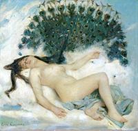 كومير ليون فرانسوا امرأة نائمة مع طاووس