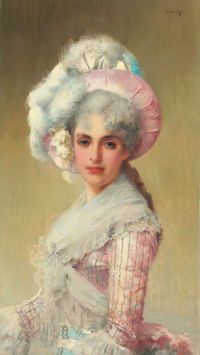 Corcos Vittorio Matteo 분홍색 모자와 드레스를 입은 우아한 여인 1888