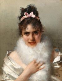 Corcos Vittorio Matteo Porträt einer jungen Dame mit rosa Haarschleife und Pelzkragen 1889