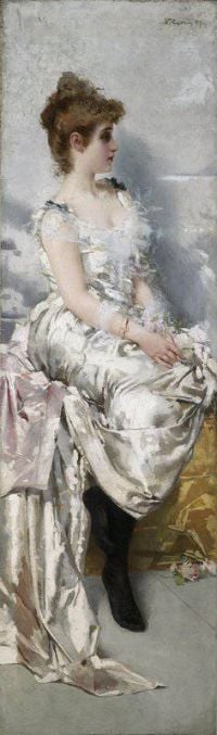 Corcos Vittorio Matteo Porträt der jungen Frau im weißen Kleid mit Blumen