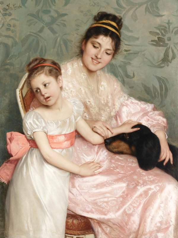 Costa Giovanni A Mother With Her Dear Daughter And Beloved Dog canvas print