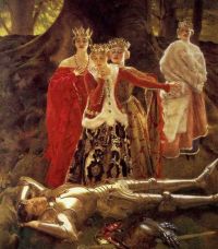 Cowper Frank Cadogan 네 명의 여왕이 잠자는 Lancelot을 찾습니다. 1910년