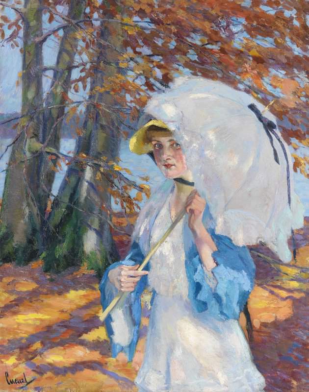 Cucuel Edward Dame Mit Sonnenschirm Im Herbstlaub Am Ammersee Ca. 1914 18 canvas print