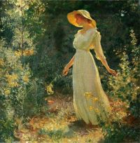 كوران تشارلز كورتني امرأة في ثوب أبيض في حديقة 1918