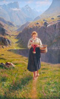 Dahl Hans 노르웨이 풍경에서 뜨개질을하는 소녀