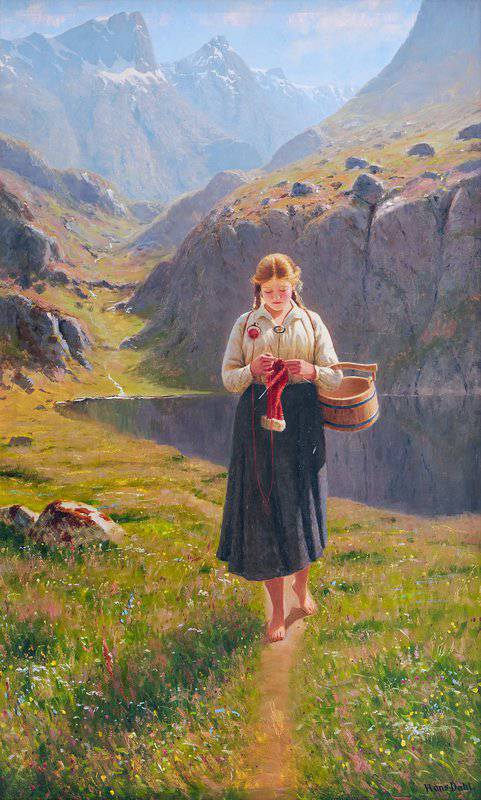 Dahl Hans A Girl Knitting In A Norwegian Landscape canvas print