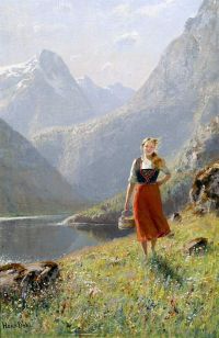 Dahl Hans 산에서 바구니를 든 어린 소녀