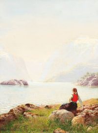 Dahl Hans Eine junge Frau blickt auf einen norwegischen Fjord