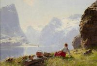 Dahl Hans Eine ausgedehnte Fjordansicht mit einem am Ufer ruhenden Mädchen im Vordergrund