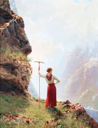 Dahl Hans Girl And Fjord Landscape canvas print