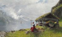 피요르드가 내려다보이는 젊은 여성이 있는 Dahl Hans 노르웨이 풍경