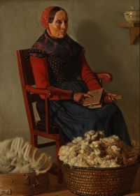 Dalsgaard Christen Interieur mit einer Wolle kardierenden Frau 1852
