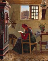 Dalsgaard Christen الداخلية الفلاحين مع فتاة صغيرة تقرأ رسالة من النافذة 1852