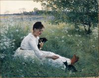Danielson Gambogi Elin Mädchen mit Katzen in einer Sommerlandschaft 1891