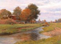 Darnaut Hugo River Landscape With Small Herd Of Cows And A Village In The Background canvas print