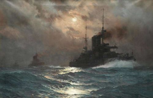 Dawson Montague Pre  Dreadnought Battleships In Line Ahead Formation Steaming At Speed Through The Night canvas print