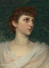 Dicksee Francis Bernard Porträt von Maude Moore Kopf und Schultern in einem rosa Kleid mit weißem Schal 1894