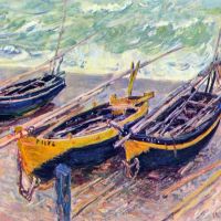 Dok van Etretat Drie vissersboten door Monet