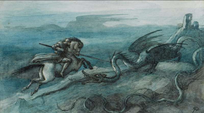 Doyle Richard Knight On Horseback Attacking Large Dragon canvas print