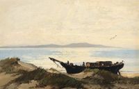 مشهد ساحلي لـ Drachmann Holger مع سفينة سحبت إلى الشاطئ 1887