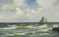 Drachmann Holger Seascape mit Fischerboot und Schiffen in der Nähe von AA Pier bei windigem Wetter 1891