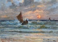Drachmann Holger Meereslandschaft mit Sonnenuntergang über einem Fischerboot in den Brechern 1904