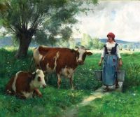 Dupre Julien, ein Milchmädchen mit ihren Kühen auf der Weide, Leinwanddruck