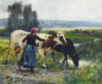 Dupre Julien Junge Bäuerin mit zwei Kühen auf Leinwand