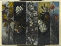 Duveneck Elizabeth Boott Paravent mit Herbstlaub Apfelblüten Rhodondendron und Mohnblumen 1882 1