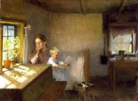 Edelfelt Albert Eine Frau und ein Kind in einem sonnenbeschienenen Innenraum 1889
