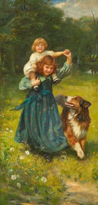 Elsley Arthur Grüne Landschaften mit spielenden Kindern und Hunden auf Leinwand
