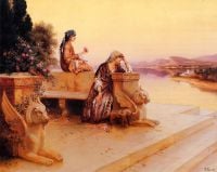 Ernst elegante arabische Damen auf einer Terrasse bei Sonnenuntergang