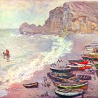 Etretat Het strand en La Porte Amont door Monet
