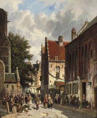 Eversen Adrianus Ein geschäftiger Markt in einer sonnigen holländischen Stadt 1878