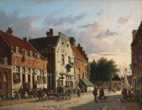 Eversen adrianus 네덜란드 마을의 바쁜 거리 장면
