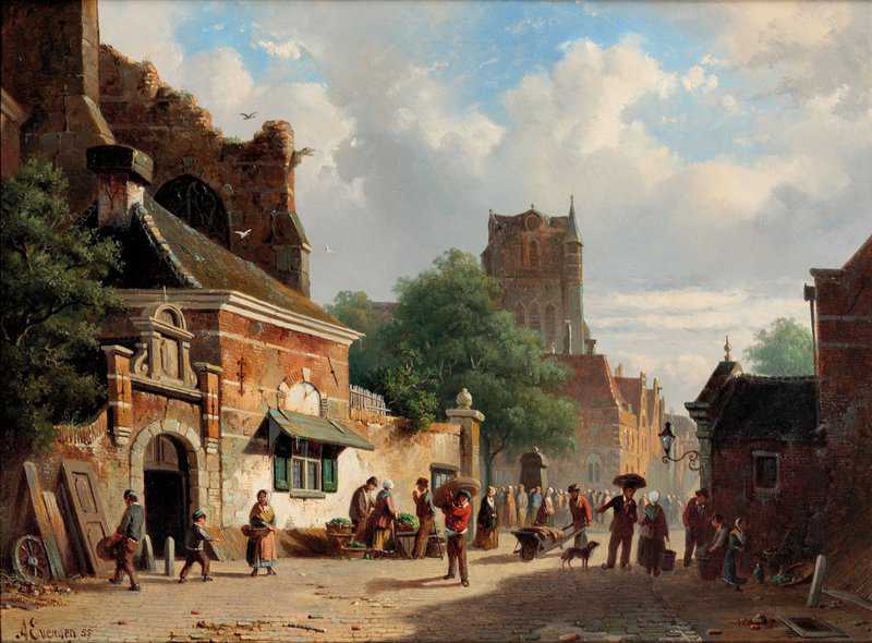 Eversen Adrianus Figures In A Sunlit Street Wijk Bij Duurstede 1855 canvas print