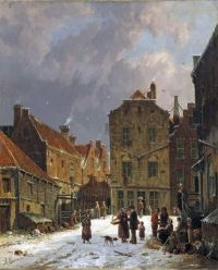 Eversen Adrianus Gemüseverkäufer in einer schneebedeckten holländischen Stadt Ca. 1860