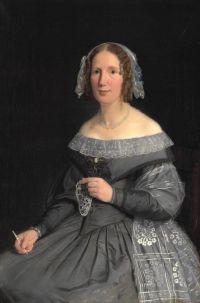 Exner Julius Eine junge Frau in einem grauen Kleid mit ihrer Häkelarbeit. 1847