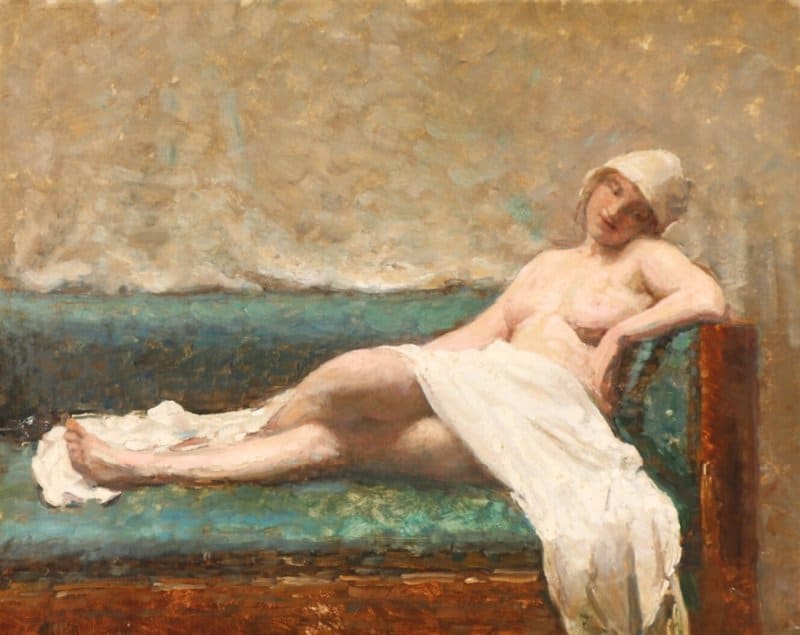 Exner Julius Female Model Reclining On A Green Couch canvas print
