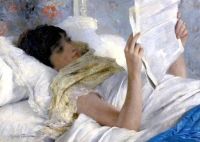 Ferrier Gabriel Frau im Bett beim Lesen der Zeitung