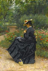 Firmin Girard Marie Francois Frau beim Nähen in einem Garten 1875