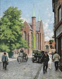 Fischer Paul A Summer Day In Skolegade In Aarhus With The Cathedral In The Background canvas print