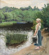 Fischer Paul, eine junge Frau, die Wasser aus einem Bach holt, 1912