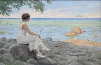Fischer Paul A Young Woman With Her Parasol On The Beach canvas print