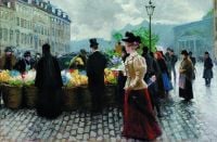 فيشر بول رجل نبيل أنيق بقبعة علوية يشتري الأزهار في H Jbro Plads قبل عام 1902 مطبوعة على القماش