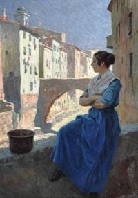 فيشر بول امرأة إيطالية تتوقف في بقعة مظللة بجانب جسر في لوحة قماشية سان ريمو