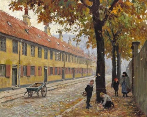 Fischer Paul Autumn In Nyboder In Copenhagen With Leaf Fall. Two Boys Are Collecting Chestnuts canvas print