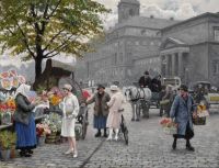 Fischer Paul Busy Day At The Flower Market At H Jbro Plads In Copenhagen. An Elegant Young Woman With A Japanese Parasol Buying Tulips 1929 canvas print