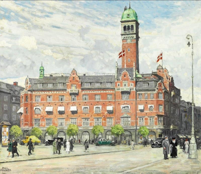 Fischer Paul Busy Spring Day At Radhuspladsen In Copenhagen With Absalons Gard 1932 canvas print